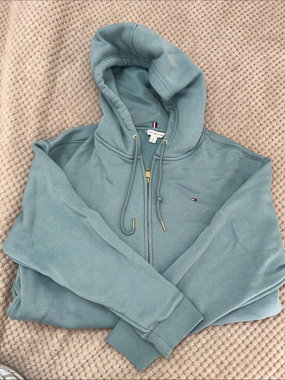 Tommy Hilfiger Dusty Blue Full-Zip Hoodie with Gold Accents